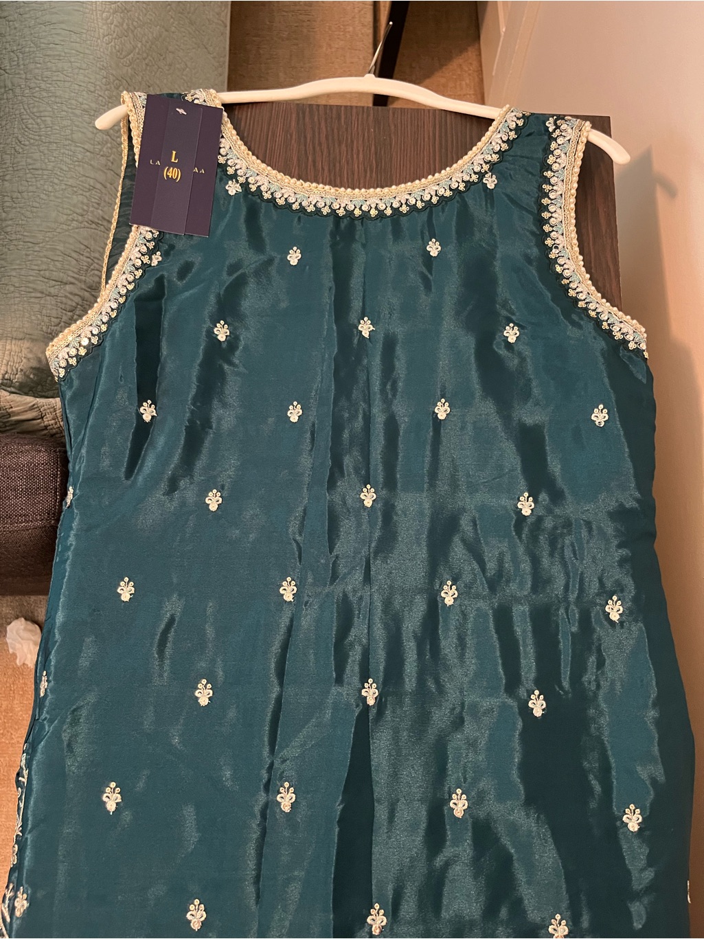 Nwt Crepe Silk Straight Salwar Kameez Suit In Teal | Size L (40) — image 8 of 8